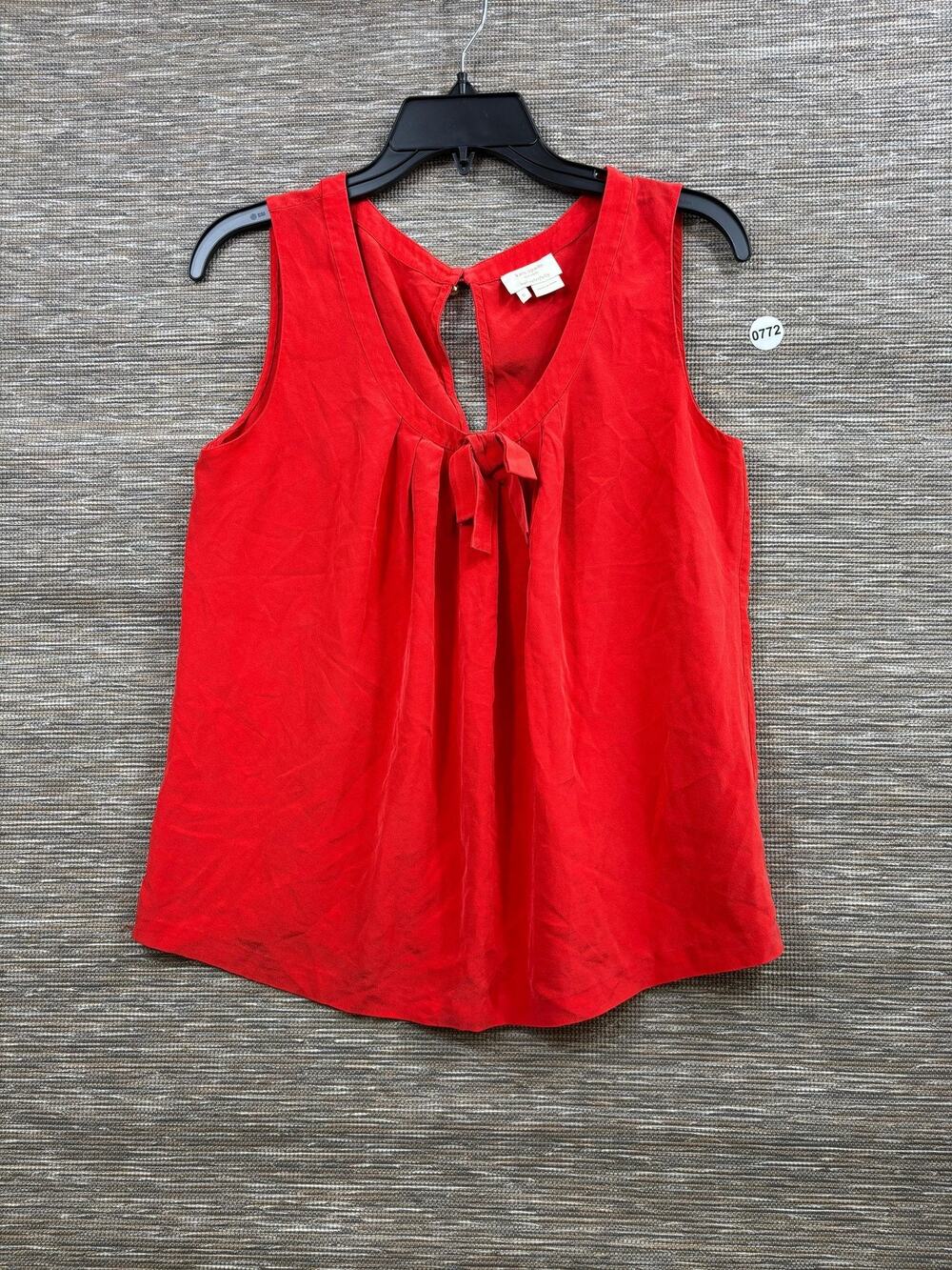 Kate Spade Blouse Womens S Red Bow Pleated V Neck Sleeveless Keyhole Top